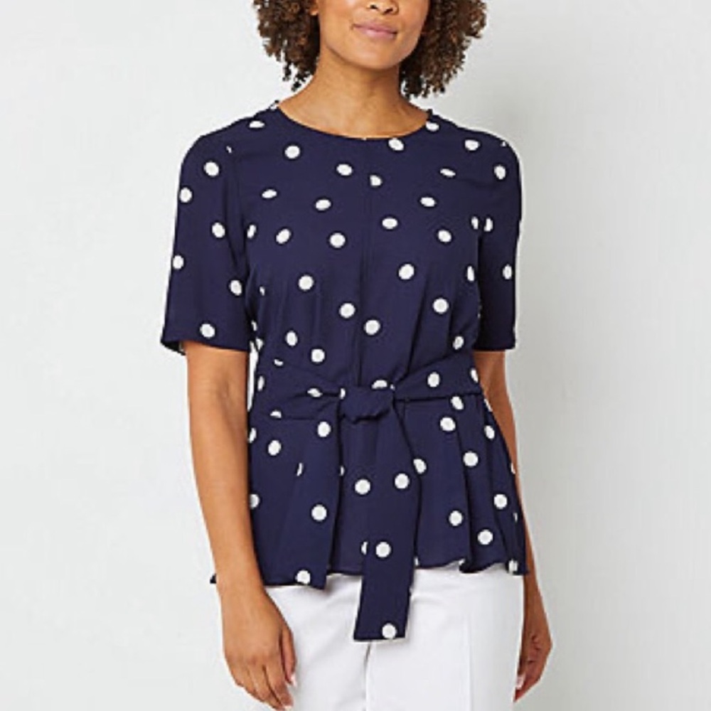 Black Label by Evan-Picone Navy BlueWhite Polka Dot Tie Waist Top Sz S NWT